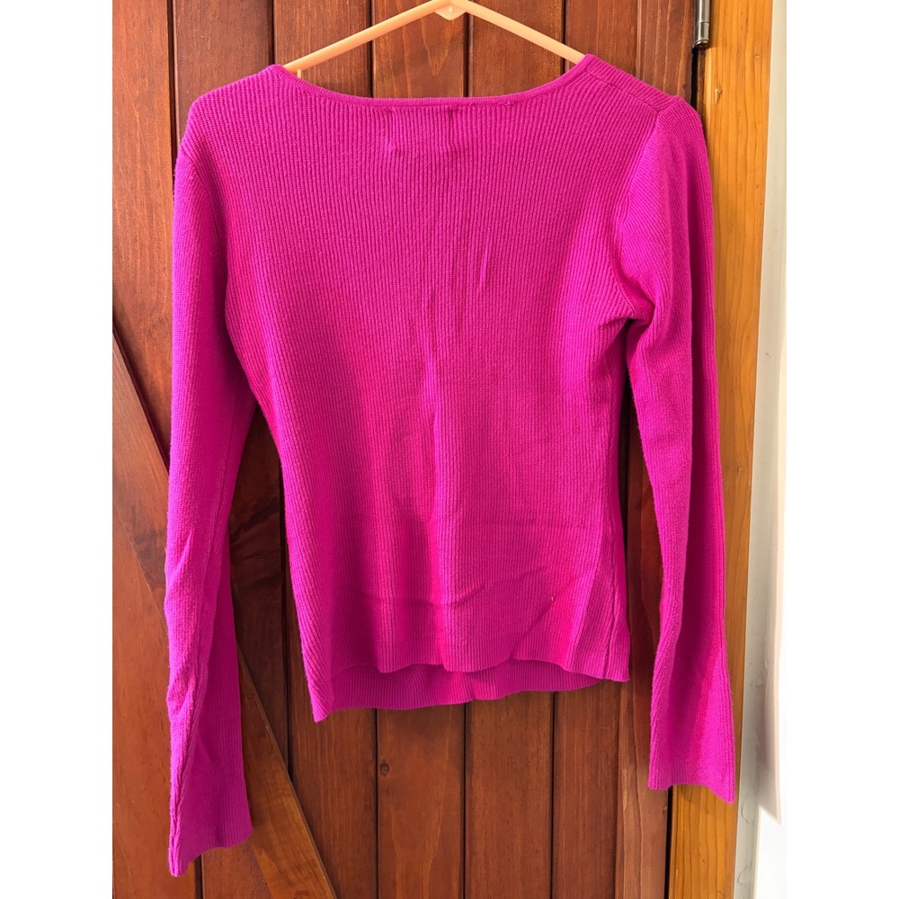 Pink Rose Fuchsia Pink Ribbed Knit Sweetheart Neck Long Sleeve Sweater Medium - Picture 2 of 3